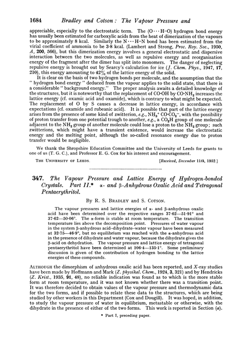 347. The vapour pressure and lattice energy of hydrogen-bonded crystals. Part II. α- and β-Anhydrous oxalic acid and tetragonal pentaerythritol