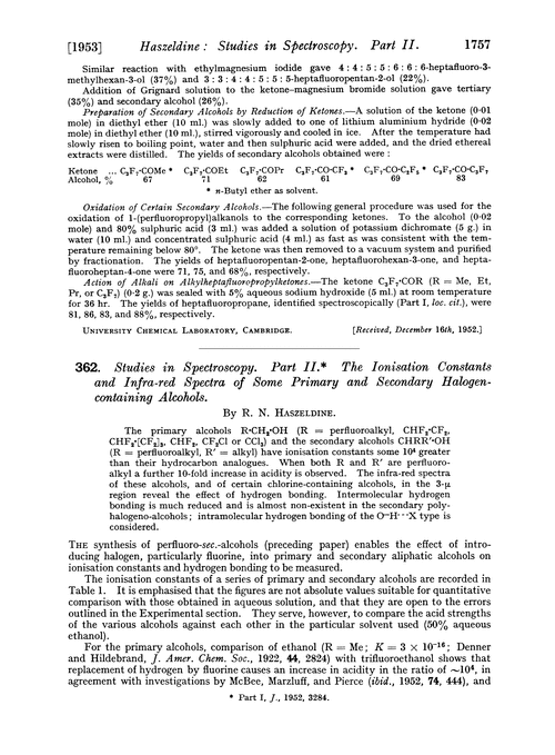 362. Studies in spectroscopy. Part II. The ionisation constants and infra-red spectra of some primary and secondary halogen-containing alcohols