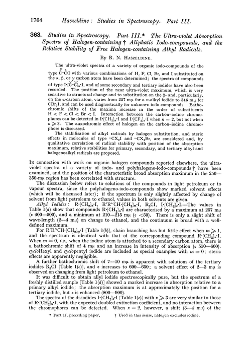 363. Studies in spectroscopy. Part III. The ultra-violet absorption spectra of halogen-containing aliphatic iodo-compounds, and the relative stability of free halogen-containing alkyl radicals