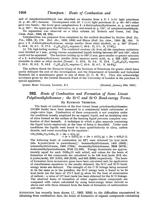 392. Heats of combustion and formation of some linear polydimethylsiloxanes; the Si–C and Si–O bond-energy terms