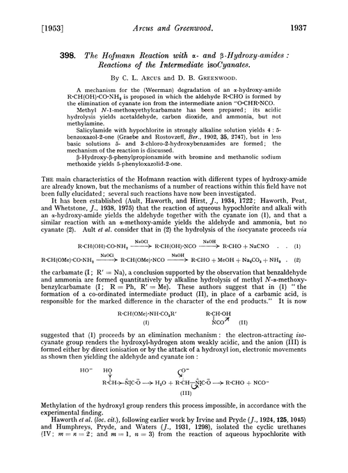 398. The Hofmann reaction with α- and β-hydroxy-amides: reactions of the intermediate isocyanates