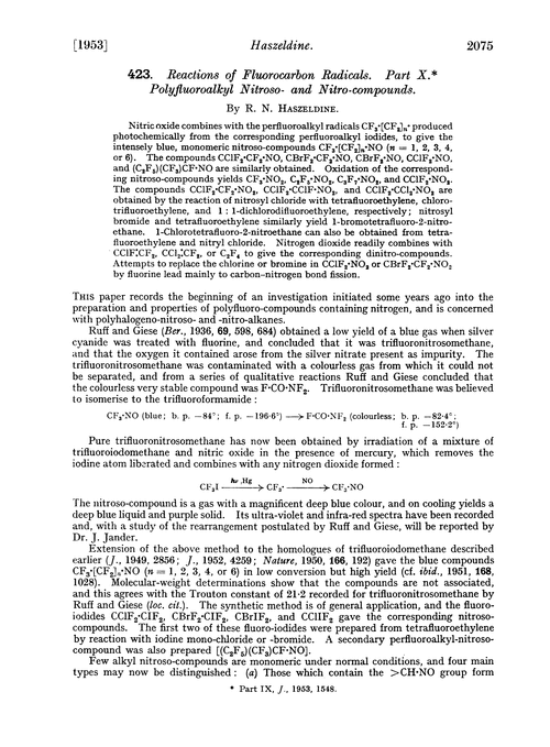 423. Reactions of fluorocarbon radicals. Part X. Polyfluoroalkyl nitroso- and nitro-compounds