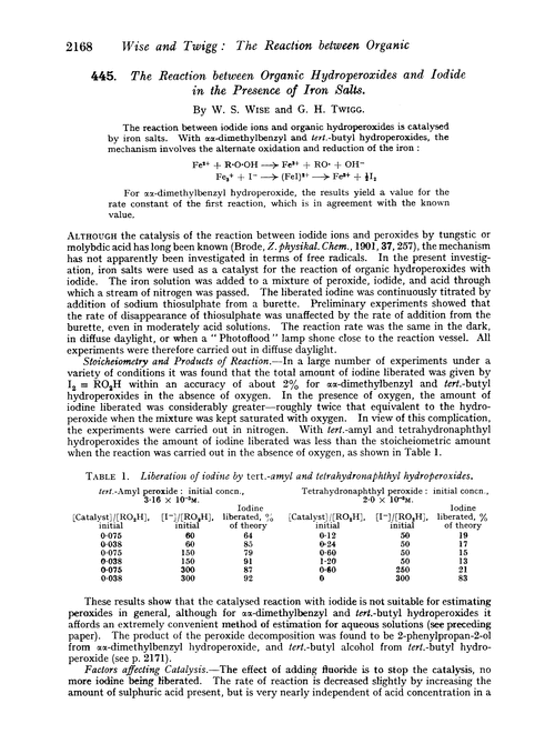 445. The reaction between organic hydroperoxides and iodide in the presence of iron salts