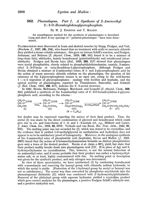 562. Plasmalogens. Part I. A synthesis of 2-aminoethyl 2: 3-O-hexadecylideneglycerophosphate