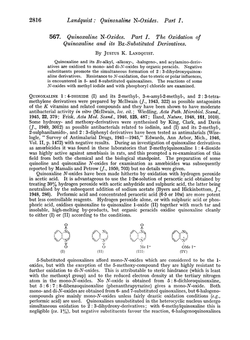 567. Quinoxaline N-oxides. Part I. The oxidation of quinoxaline and its Bz-substituted derivatives