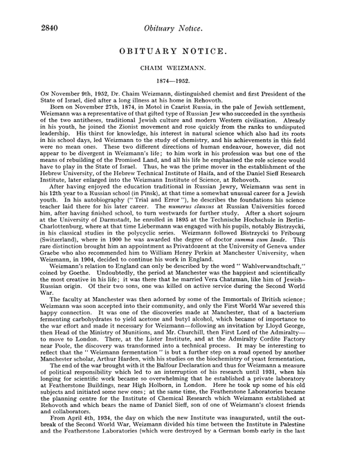 Obituary notice: Chaim Weizmann, 1874–1952