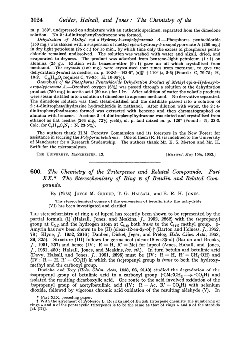 600. The chemistry of the triterpenes and related compounds. Part XX. The stereochemistry of ring E of betulin and related compounds