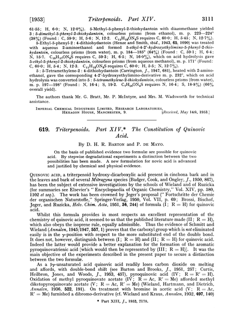 619. Triterpenoids. Part XIV. The constitution of quinovic acid