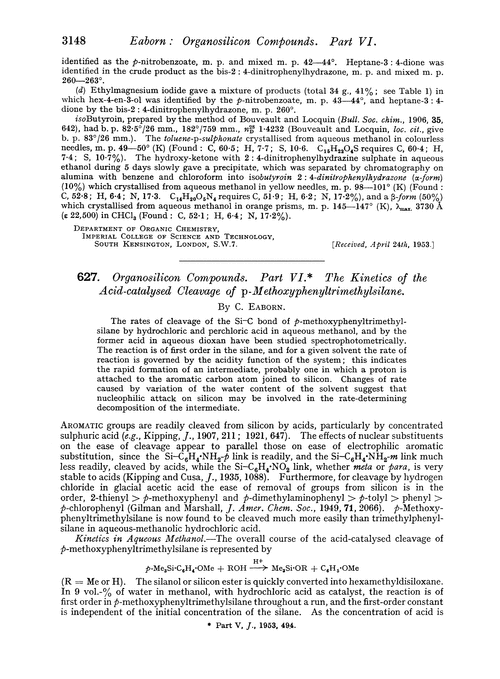 627. Organosilicon compounds. Part VI. The kinetics of the acid-catalysed cleavage of p-methoxyphenyltrimethylsilane