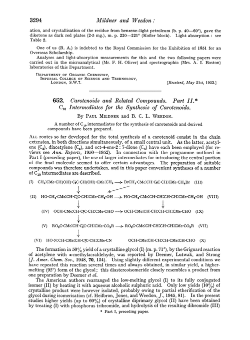 652. Carotenoids and related compounds. Part II. C10 Intermediates for the synthesis of carotenoids
