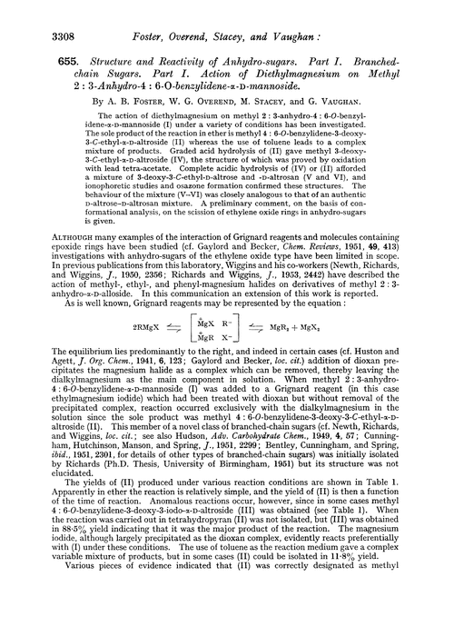 655. Structure and reactivity of anhydro-sugars. Part I. Branched-chain sugars. Part I. Action of diethylmagnesium on methyl 2: 3-anhydro 4: 6-O-benzylidene-α-D-mannoside
