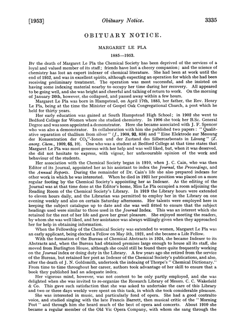 Obituary notice: Margaret Le Pla, 1885–1953