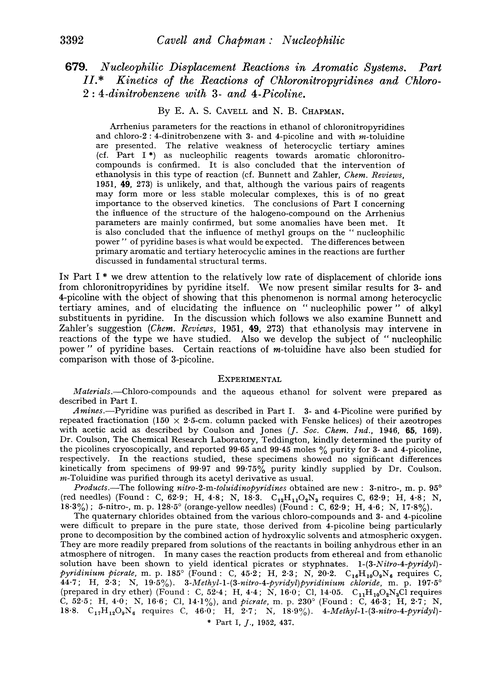 679. Nucleophilic displacement reactions in aromatic systems. Part II. Kinetics of the reactions of chloronitropyridines and chloro-2 : 4-dinitrobenzene with 3- and 4-picoline