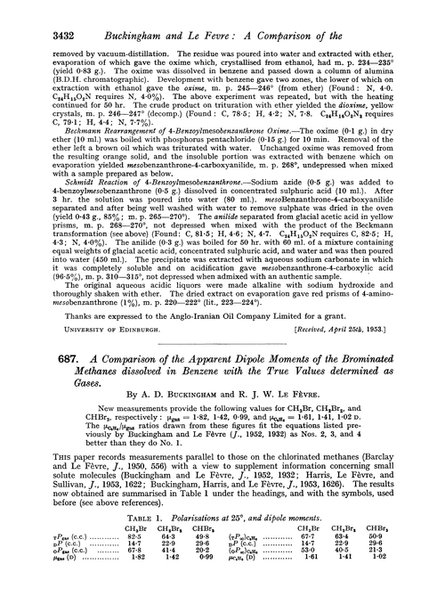 687. A comparison of the apparent dipole moments of the brominated methanes dissolved in benzene with the true values determined as gases