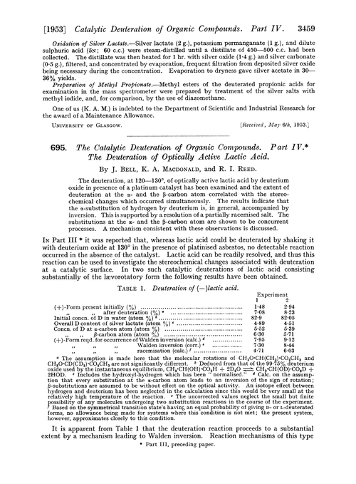 695. The catalytic deuteration of organic compounds. Part IV. The deuteration of optically active lactic acid