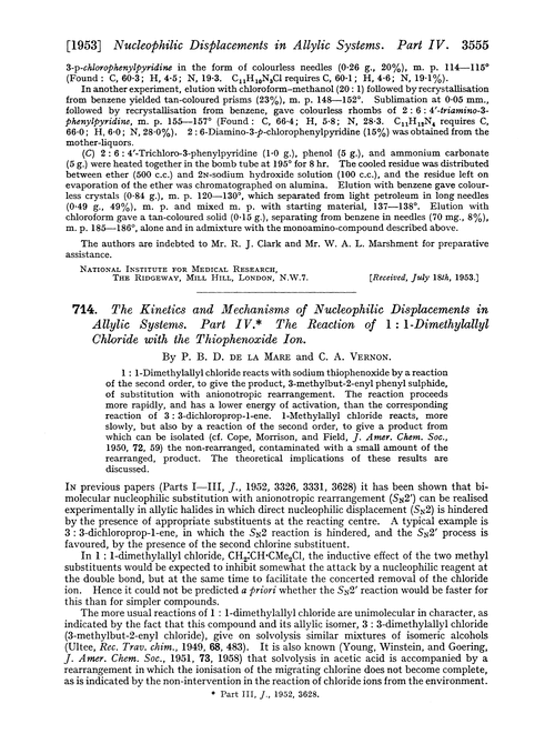 714. The kinetics and mechanisms of nucleophilic displacements in allylic systems. Part IV. The reaction of 1 : 1-dimethylallyl chloride with the thiophenoxide ion