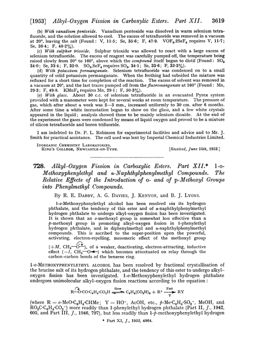 728. Alkyl–oxygen fission in carboxylic esters. Part XII. 1-o-Methoxyphenylethyl and α-naphthylphenylmethyl compounds. The relative effects of the introduction of o- and of p-methoxyl groups into phenylmethyl compounds