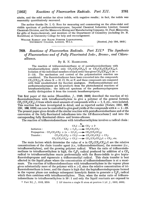 769. Reactions of fluorocarbon radicals. Part XII. The synthesis of fluorocarbons and of fully fluorinated iodo-, bromo-, and chloroalkanes