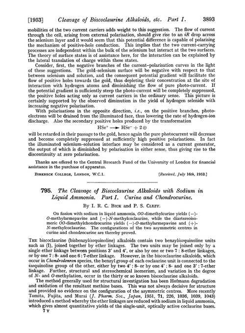 795. The cleavage of biscoclaurine alkaloids with sodium in liquid ammonia. Part I. Curine and chondrocurine