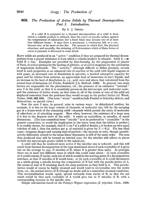 806. The production of active solids by thermal decomposition. Part I. Introduction