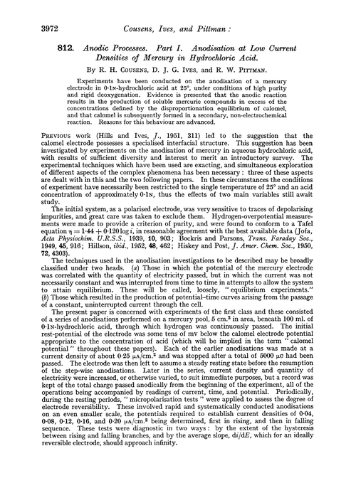 812. Anodic processes. Part I. Anodisation at low current densities of mercury in hydrochloric acid
