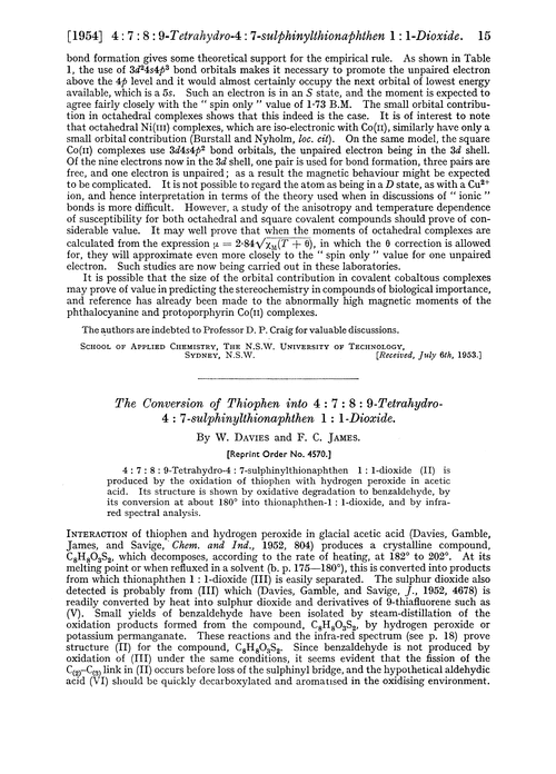 The conversion of thiophen into 4 : 7 : 8 : 9-tetrahydro-4 : 7-sulphinylthionaphthen 1 : 1-dioxide