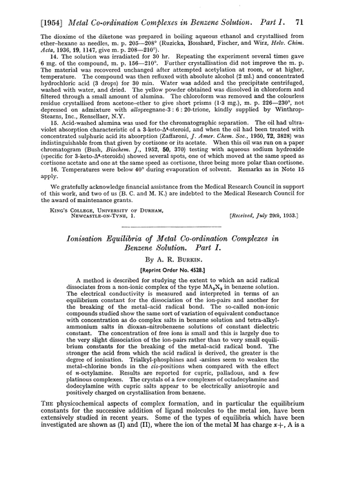 Ionisation equilibria of metal co-ordination complexes in benzene solution. Part I