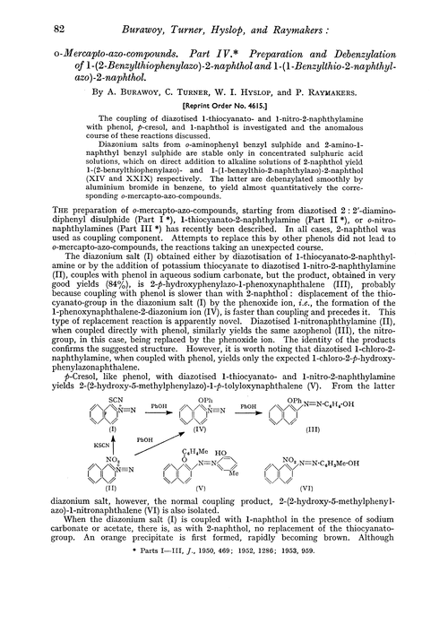 o-Mercapto-azo-compounds. Part IV. Preparation and debenzylation of 1-(2-benzylthiophenylazo)-2-naphthol and 1-(1-benzylthio-2-naphthyl-azo)-2-naphthol