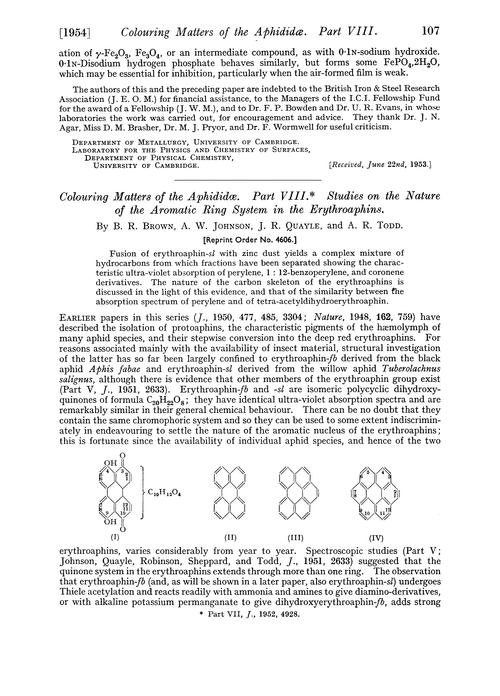 Colouring matters of the aphididœ. Part VIII. Studies on the nature of the aromatic ring system in the erythroaphins