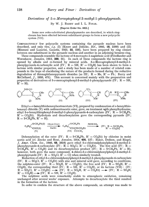 Derivatives of 5-o-mercaptophenyl-3-methyl-1-phenylpyrazole