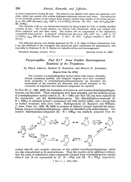 Purpurogallin. Part XI. Some further rearrangement reactions of the tropolones