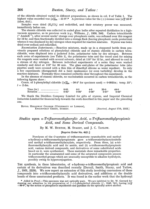 Studies upon α-trifluoromethylacrylic acid, α-trifluoromethylpropionic acid, and some derived compounds