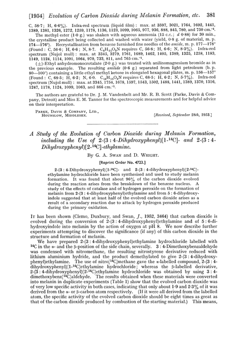 A study of the evolution of carbon dioxide during melanin formation, including the use of 2-(3 : 4-dihydroxyphenyl)[1-14C]- and 2-(3 : 4-dihydroxyphenyl)[2-14C]-ethylamine