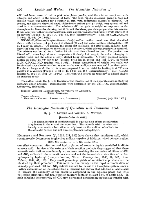 The homolytic nitration of quinoline with pernitrous acid