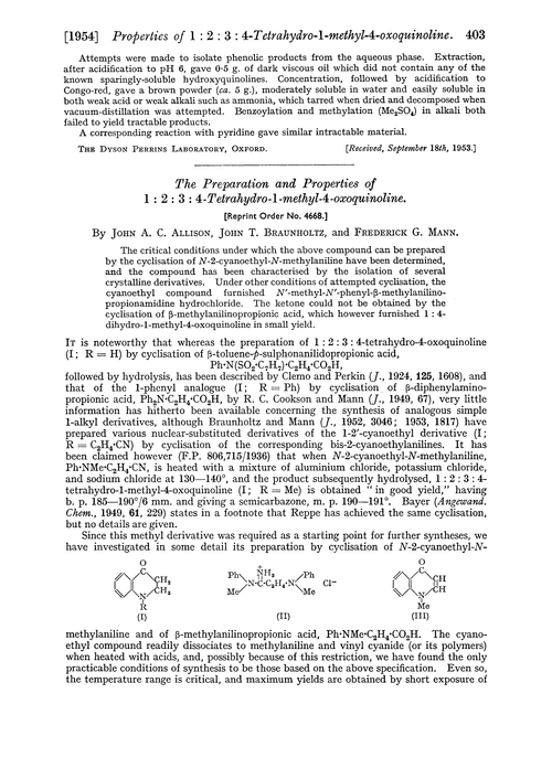 The preparation and properties of 1 : 2 : 3 : 4-tetrahydro-1-methyl-4-oxoquinoline
