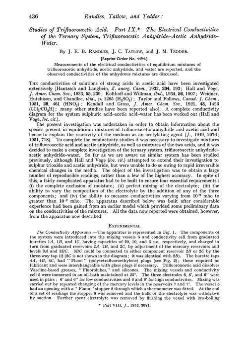 Studies of trifluoroacetic acid. Part IX. The electrical conductivities of the ternary system, trifluoroacetic anhydride–acetic anhydride–water