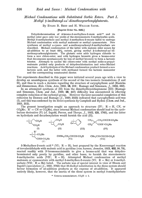 Michael condensations with substituted sorbic esters. Part I. Methyl β-isobutenyl-αα′-dimethoxycarbonylglutarate