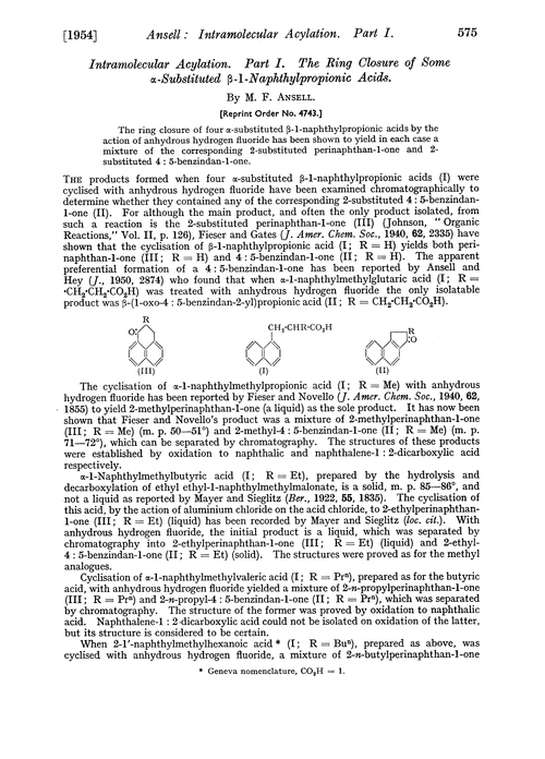 Intramolecular acylation. Part I. The ring closure of some α-substituted β-1-naphthylpropionic acids