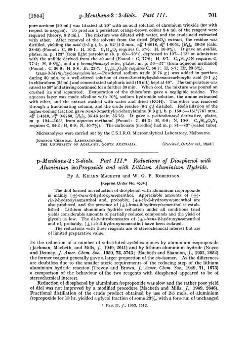 p-Menthane-2 : 3-diols. Part III. Reductions of diosphenol with aluminium isopropoxide and with lithium aluminium hydride