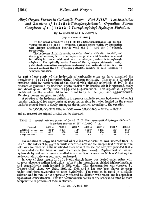 Alkyl–oxygen fission in carboxylic esters. Part XIII. The resolution and reactions of 1 : 2 : 2 : 2-tetraphenylethanol. Crystalline solvent complexes of (+)-1 : 2 : 2 : 2-tetraphenylethyl hydrogen phthalate