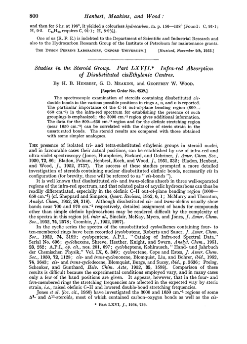 Studies in the steroid group. Part LXVII. Infra-red absorption of disubstituted cisethylenic centres