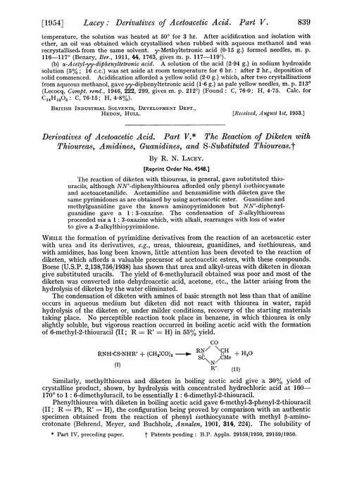 Derivatives of acetoacetic acid. Part V. The reaction of diketen with thioureas, amidines, guanidines, and S-substituted thrioureas