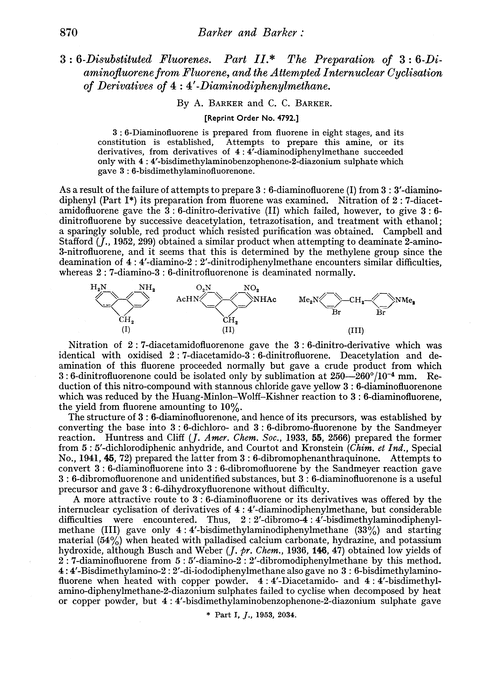 3 : 6-Disubstituted fluorenes. Part II. The preparation of 3 : 6-diaminofluorene from fluorene, and the attempted internuclear cyclisation of derivatives of 4 : 4′-diaminodiphenylmethane