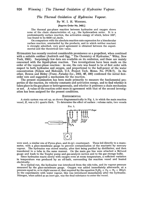 The thermal oxidation of hydrazine vapour