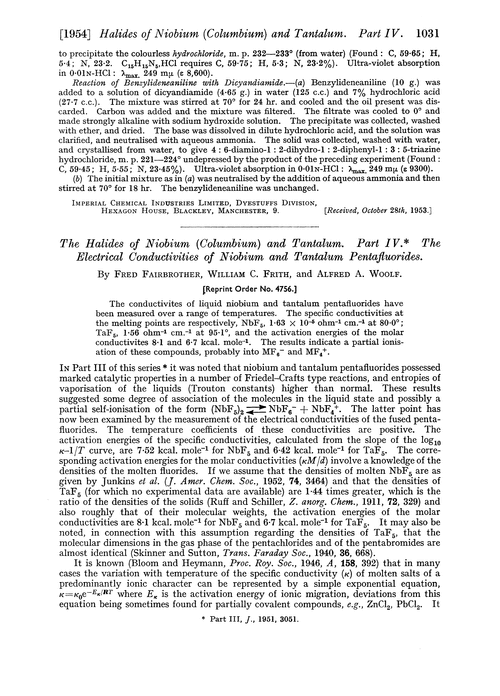 The halides of niobium (columbium) and tantalum. Part IV. The electrical conductivities of niobium and tantalum pentafluorides
