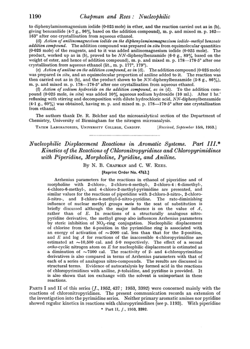 Nucleophilic displacement reactions in aromatic systems. Part III. Kinetics of the reactions of chloronitropyridines and chloropyrimidines with piperidine, morpholine, pyridine, and aniline