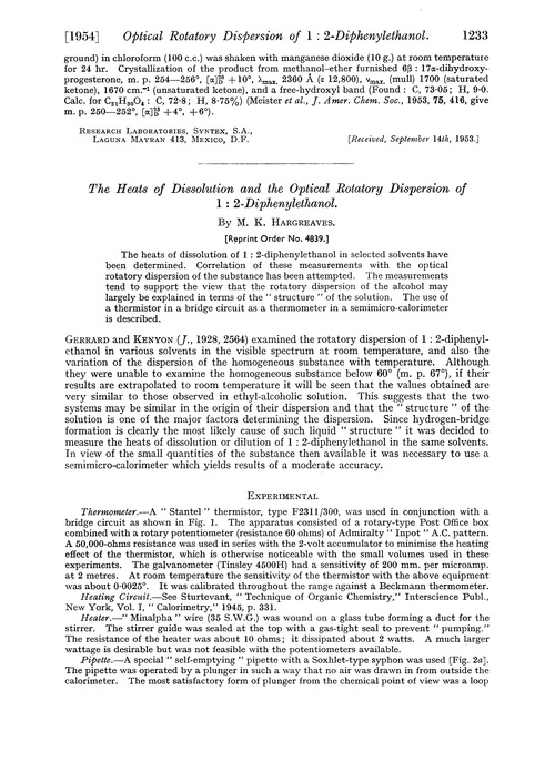 The heats of dissolution and the optical rotatory dispersion of 1 : 2-diphenylethanol