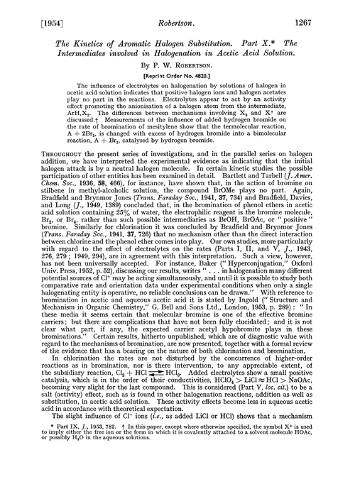 The kinetics of aromatic Halogen substitution. Part X. The intermediates involved in halogenation in acetic acid solution