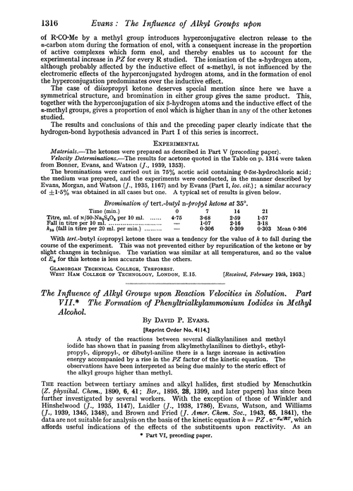 The influence of alkyl groups upon reaction velocities in solution. Part VII. The formation of phenyltrialkylammonium iodides in methyl alcohol
