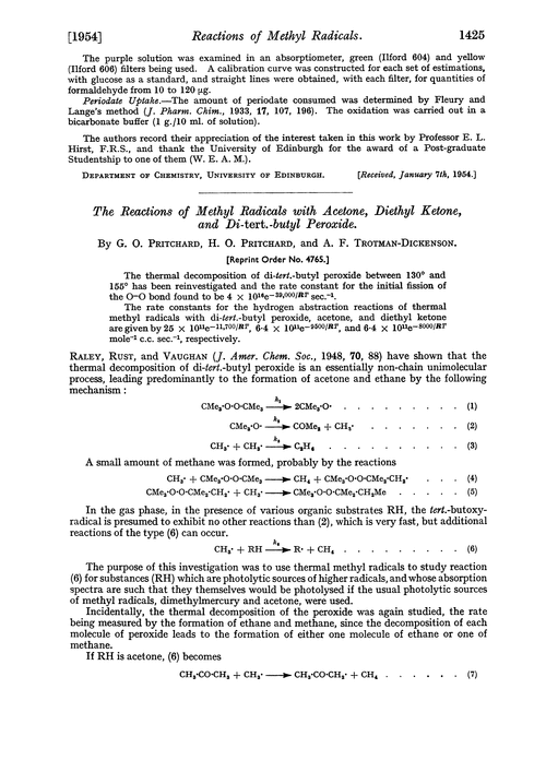 The reactions of methyl radicals with acetone, diethyl ketone, and di-tert.-butyl peroxide